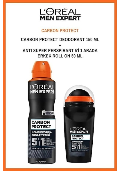 L'Oreal Paris Men Expert Carbon Protect 5 in 1 48 Saat Erkek Sprey Deodorant 150 ML + Roll-On 50 ML
