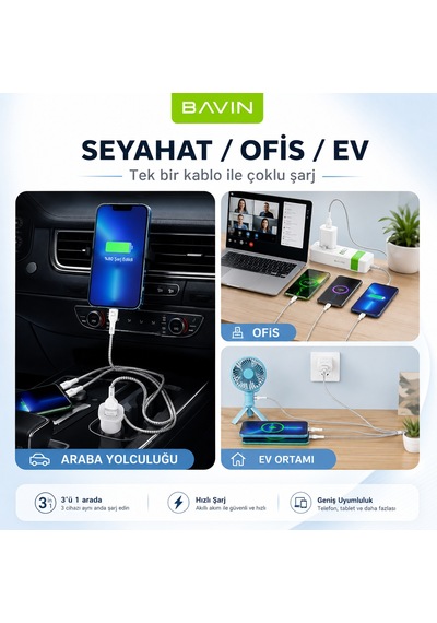 Bavin Typce Usb Hızlı Şarj Çoklu Hızlı Şarj Kablosu 3in1 Siyah Örgülü