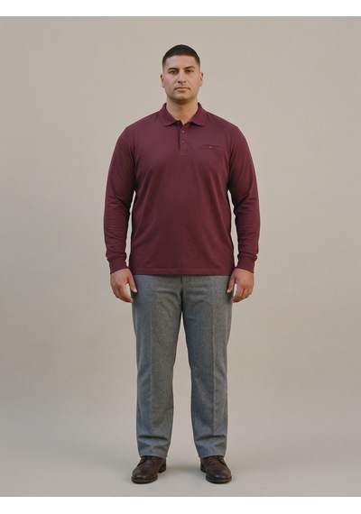 Maccali Erkek Bordo Büyük Beden Cepli Uzun Kollu Pike Polo Yaka Tişört