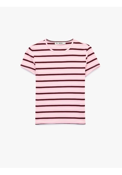 Koton Çizgili Pamuklu Bisiklet Yaka Kısa Kollu Slim Fit Tişört Pembe Çizgili 6sal10537ık