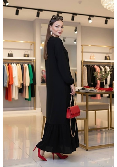 Polologin Butik Bisiklet Yaka Büzgülü Maxi Boy Siyah Elbise - Volanlı Etek Detaylı Siyah