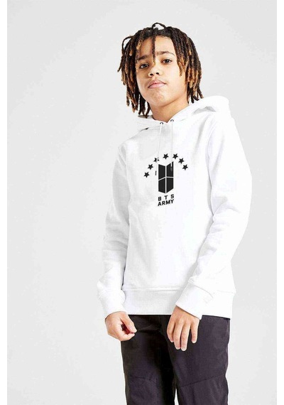 Tshirthane Bts Army Baskılı Unisex Çocuk Kapüşonlu Beyaz Sweatshirt Beyaz