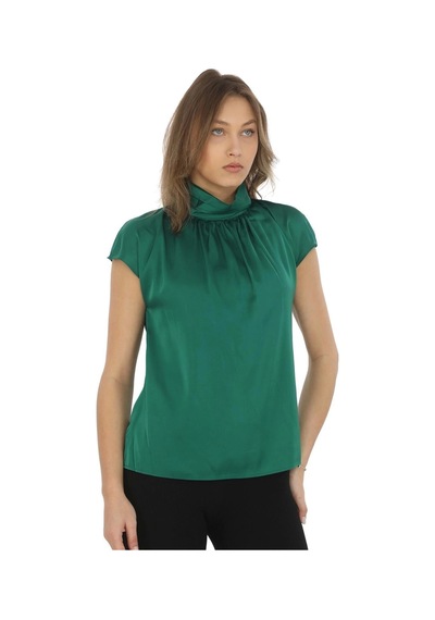 Yaka Drape Detaylı Saten Bluz 01-yeşil