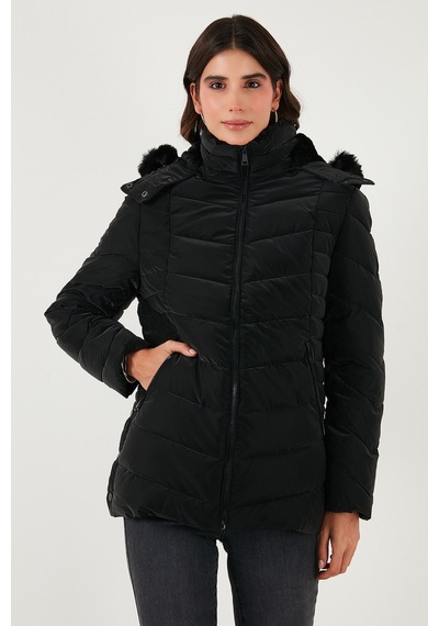 Lela Kapitoneli Slim Fit Çıkarılabilir Kapüşonlu Bayan Mont 497Mara Siyah