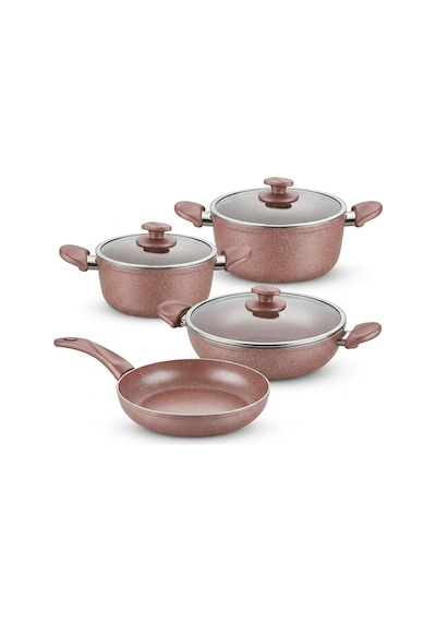 Argos 7 Parça Tencere Ve Tava Seti - Pembe Kırçıl Renkli Yanmaz Yapışmaz Çeyiz Paketi Cam Kapaklı 20/24/26 Cm T Diğer
