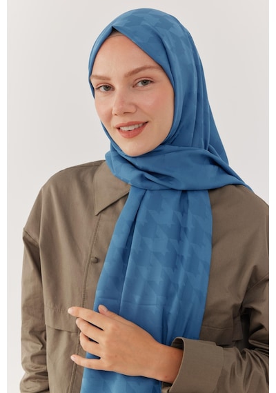 Mirsoy Scarf Kazayağı Desen İpeksi Jakar Şal - Mavi Mavi