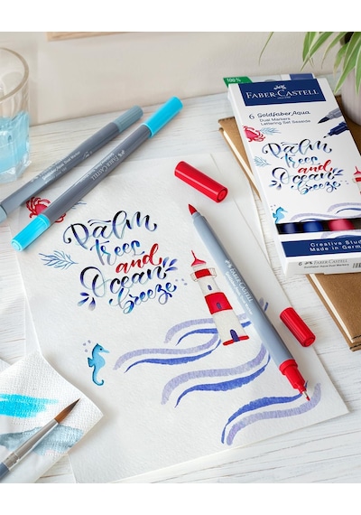 Goldfaber Aqua Çift Uç Markör Kaligrafi 6'li Seaside, Fırça Ve Fineliner, Solmaya Dayanıklı Mürekkep, Çevre Dos