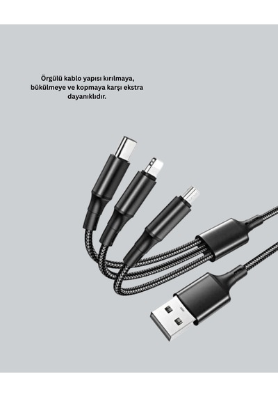 3 Ü 1 Arada Hızlı Şarj Kablosu - İos Android Type-c Uyumlu