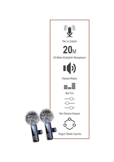 Genel Markalar Yaka Mikrofonu Type-c Lightning Aux 2 Adet 3ın1 Kablosuz Mikrofon H68 Siyah