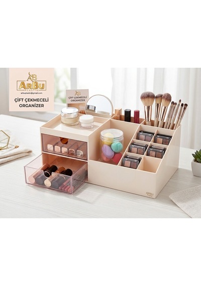 Arbu Çift Çekmeceli Takı Makyaj Organizer Ekru