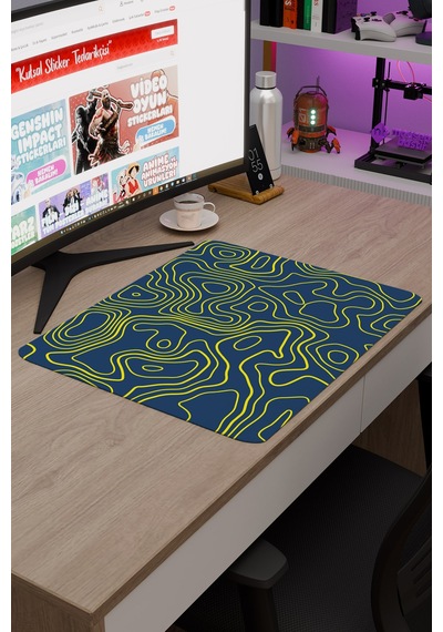 Sarı Lacivert 48x40 Xl Taraftar Gaming Oyuncu Mouse Pad Kaymaz Taban Büyük Fare Altlığı Topography