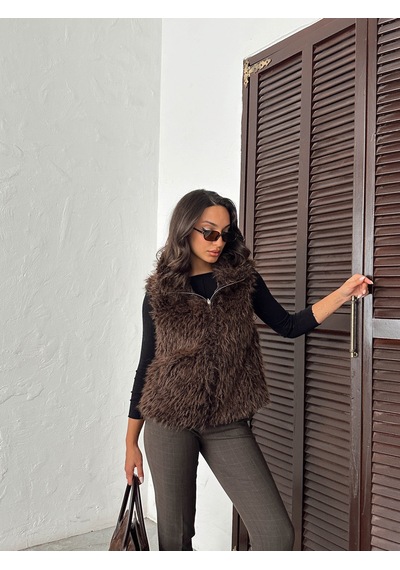 Verymoda Yapay Kürk Kadın Yelek Fermuarlı, Yumuşak Dokulu I Vmf2046 Koyu Kahve