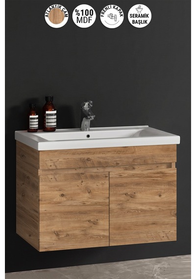Çiğdem 80 Cm Atlantik Çam Mdf Seramik Lavabolu Asma Banyo Alt Dolabı