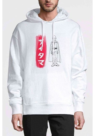 One Punch Man Baskılı Beyaz Erkek Örme Kapşonlu Sweatshirt (534799029)