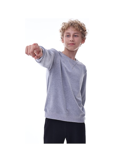 Gri Erkek Çocuk Sweatshirt Rahat Kalıp Pamuklu İki İplik Kumaş Gri
