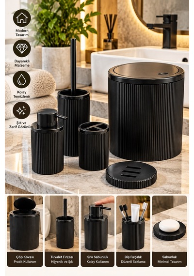 Siyah 5 Parça Banyo Seti Modern Çizgili Tasarım Çöp Kovası Sıvı Sabunluk Diş Fırçalık