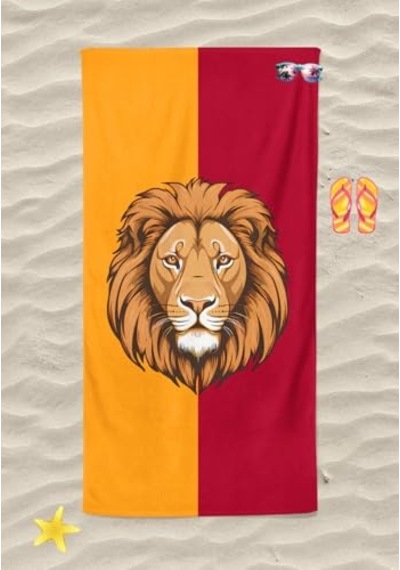 Sarı Kırmızı Aslan Dijital Baskılı Plaj Havlusu Unisex Plaj Havlusu Deniz Havlusu Açık Bej