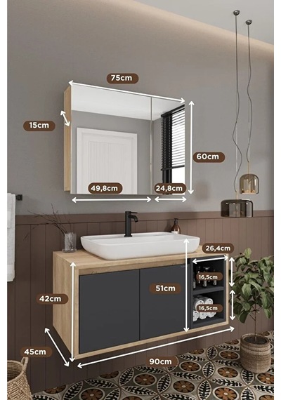 Lale 90 Cm %100 Mdf Lavabolu Banyo Dolabı + Aynalı Dolap Antrasit