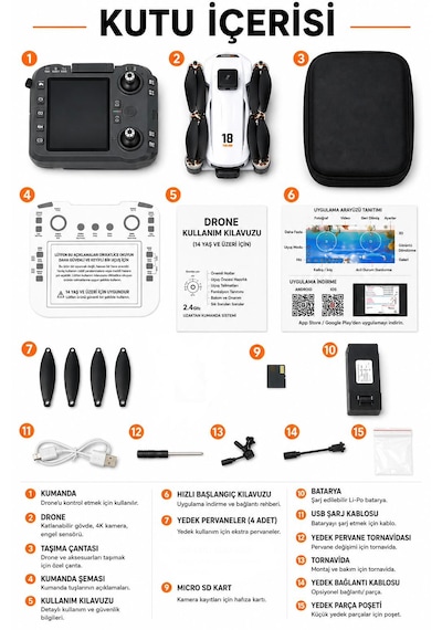 T18p Dron 4k Hd Hava Fotorafçılığı 3 Lens Usb Kart Okuyucu+kafıza Kartı Hediye Tek Tuş İniş Kalkış Ekranlı Kumanda Fırçasız Motor Havada Sabit Kalma 360 Derece Engel Algılama Elektirikli Kamera