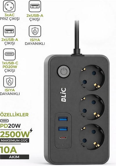 Blic Ftr-02 Akım Korumalı 3lü Grup Priz - 2500w, 20w Pd Usb-c Ve 2x Usb-a Hızlı Şarj, 2 Metre 0.2 M