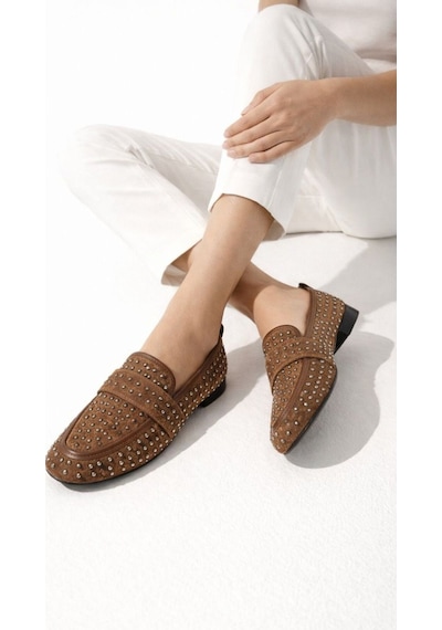Mery Ceyn Taşlı Küt Kare Loafer Şık Babet Kahverengi