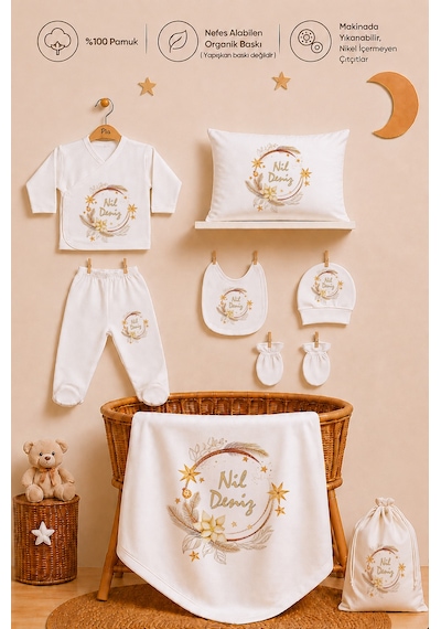 Pia Baby Kız Bebek Hastane Çıkışı Hediye Seti 8 Parça Zıbın Set %100 Pamuk Battaniye Yastık Ve Kese 1093zybk0x Krem
