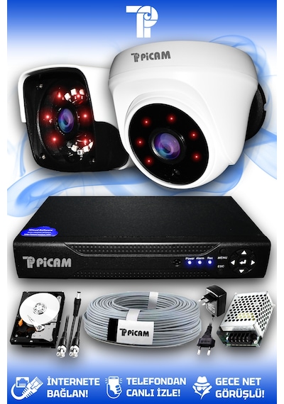 Picam 2 Kameralı Panda 1 İç Kamera Set 320 GB HDD Full HD Gece Görüşlü Güvenlik Kamerası Sistemi