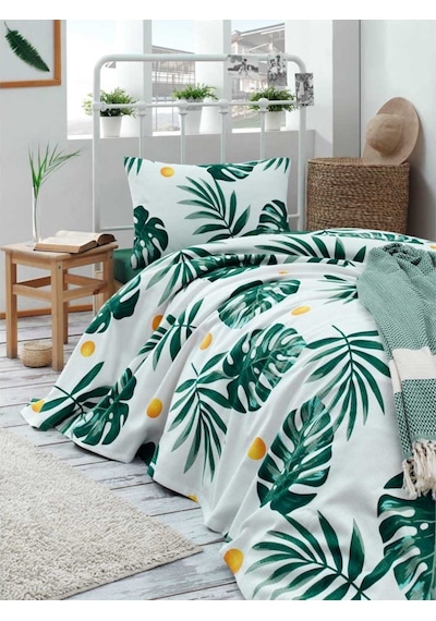 Eponj Home Baskılı Pike Takımı Tek Kişilik Monstera Yeşil