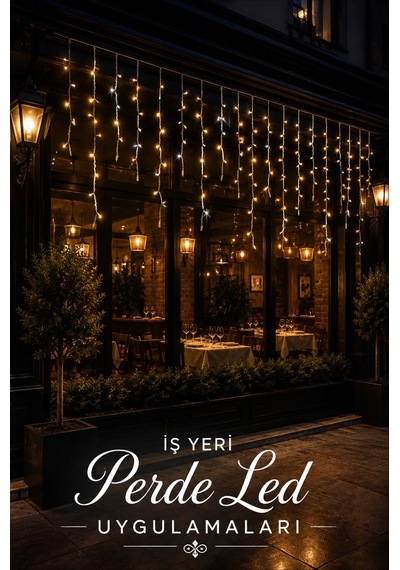 4 Metre 192 Led Profesyonel Perde Led Işık Dış Mekan Kalın Kablolu Beyaz Flaşlı Kafe Restoran Bahçe Teras Aydınlatma Sarı