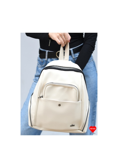 Jara Bag Jara Freya Yıkama Deri Sırt Çantası Krem Büyük Boy Jara17-7