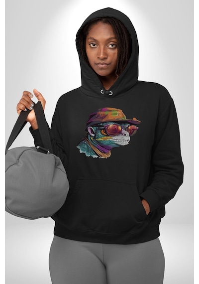 Gözlük Şapka Mukalemun Kadın Erkek Siyah Kapüşonlu Sweatshirt Hoodie Siyah