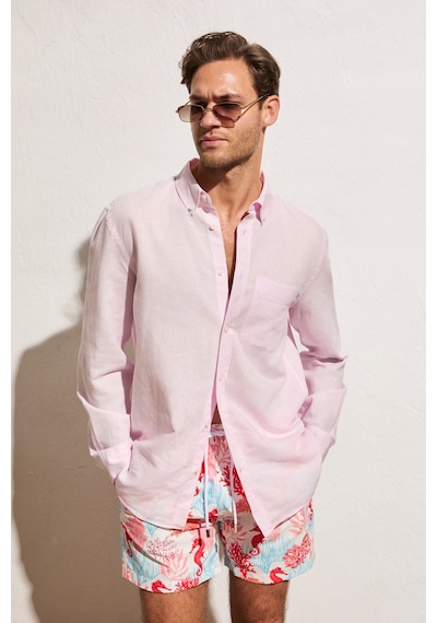 Grımelange Arles Erkek Keten Karışımlı Uzun Kollu Tek Cepli Regular Fit Pembe Gömlek