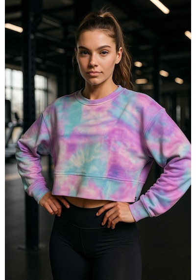 Kadın Batik Desen Renkli Crop Oversize Relaxed Uzun Kollu Sweatshirt Çok Renkli
