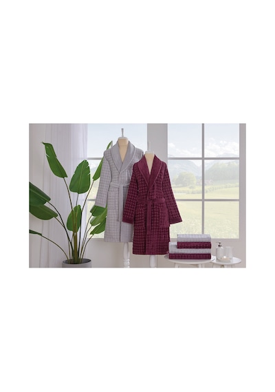 Tricot Kadife Aile Bornoz Seti %100 Pamuk 6 Parça 2 Adet Bornoz + 2 Adet Banyo Havlusu + 2 Adet El Havlusu Mürdüm