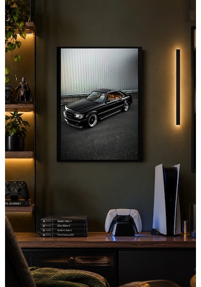 Siyah Klasik Otomobil Desenli Dekoratif Mdf Tablo, Çerçeve Görünümlü Ahşap Poster