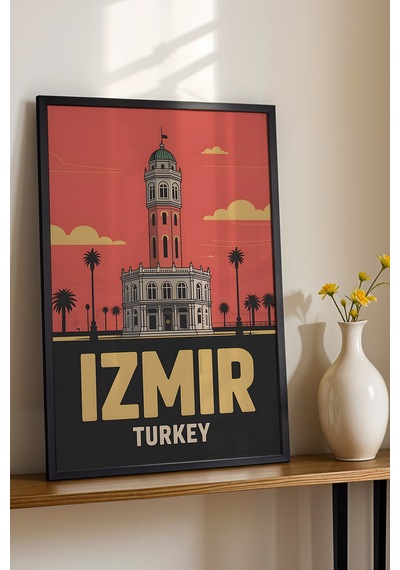 İzmir Saat Kulesi Tablo - Retro Travel Poster - Şehir Serisi Duvar Dekoru - Çerçeveli Poster Siyah