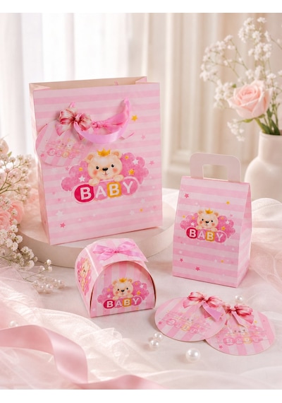 Hoşgeldin Bebeğim Hediyelik Seti, Pembe, Ayıcıklı Baby Shower&doğum Günü İkram Seti, 7 Ürün-48 Parça