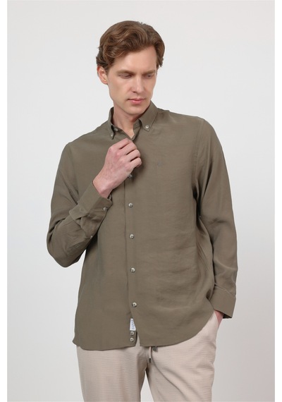 İmza Haki Düğmeli Yaka Uzun Kol Cepsiz Slim Fit Modal Gömlek 1004260162