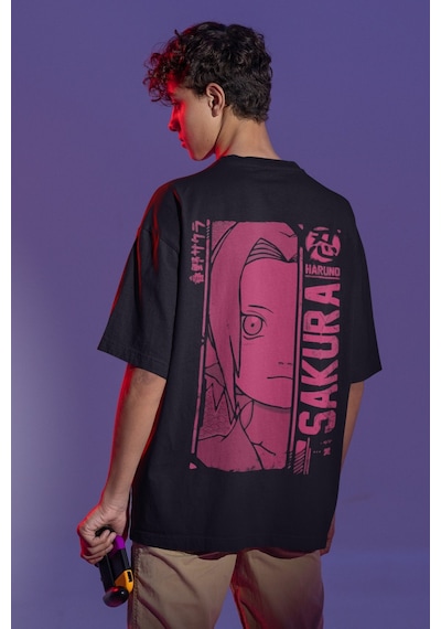 Sevbano Naruto Sakura Haruno Sırt Baskılı Unisex Oversize Anime Tişört Siyah