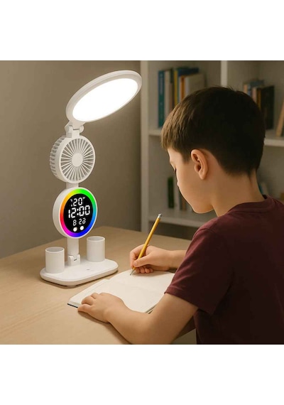 Techtic Led Masa Lambası Yuvarlak Başlı Fanlı Saatli 3 Renk Rgb Işıklı Dimmer Şarjlı Göz Korumalı Beyaz - Gün Işığı