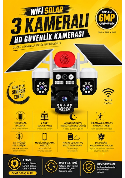 Linadex Lx-0991 Wifi Solar 3 Kameralı Hd Güvenlik Kamerası-çift Solar