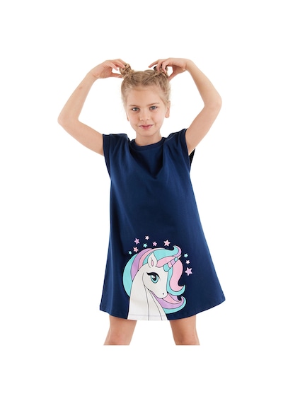 Denokids Renkli Unicorn Kız Çocuk Elbise Çok Renkli