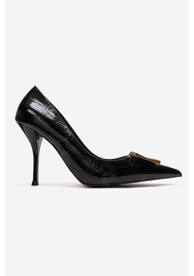 Luvishoes Dexen Siyah Baskı Metal Tokalı Kadın İnce Topuklu Ayakkabı