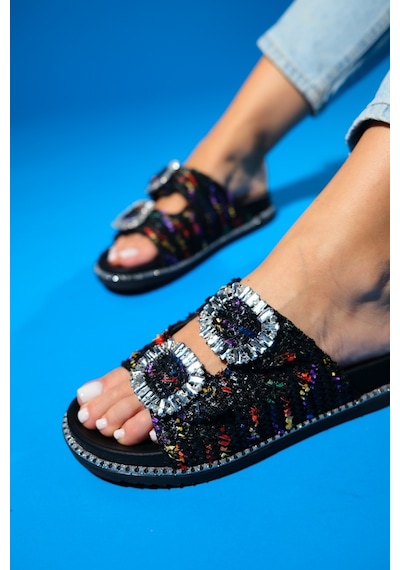 Luvishoes Dungeon Siyah Renkli Tüvit Çift Bantlı Taş Tokalı Kadın Terlik Siyah