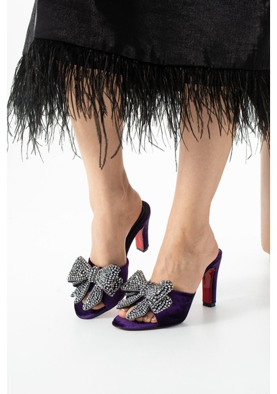 Lebibe Shoes Seravıa Kadın Mor Kadife Taşlı Fiyonklu 9 Cm Topuklu Abiye Terlik
