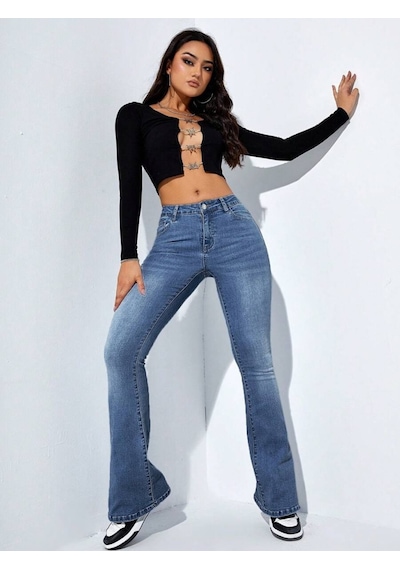 Soonaksesuar Kadın Yüksek Bel Cepli İspanyol Paçalı Kot Jeans Pantolon Mavi