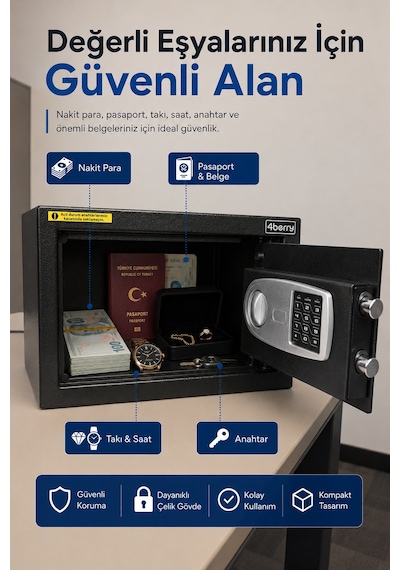 Elektronik Şifreli Çelik Kasa Duvar Ve Zemin Montajlı, Acil Anahtarlı, 9 Litre - Siyah