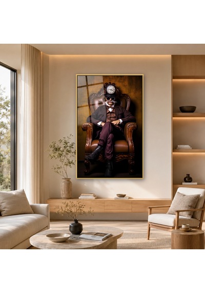 Koltukta Saat Başlıklı Adam Gold Çerçeveli Cam Tablo