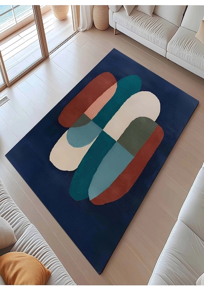 Lacivert Renkli Geometrik Desen Tasarım Modern Halı Dekoratif Kilim