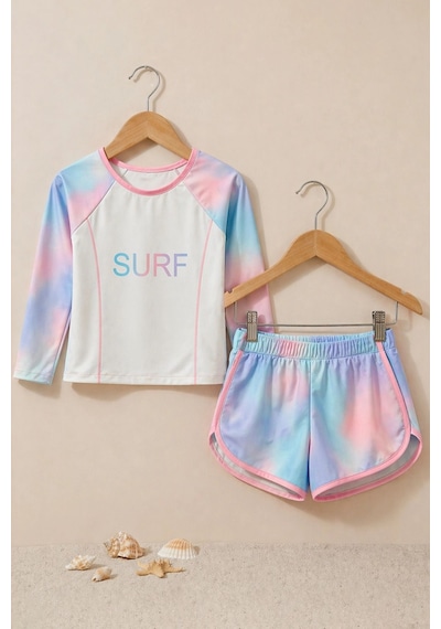 Zuzunga Surf Baskılı Renkli Kız Çocuk Uzun Kollu Spor Mayo Takımı Beyaz